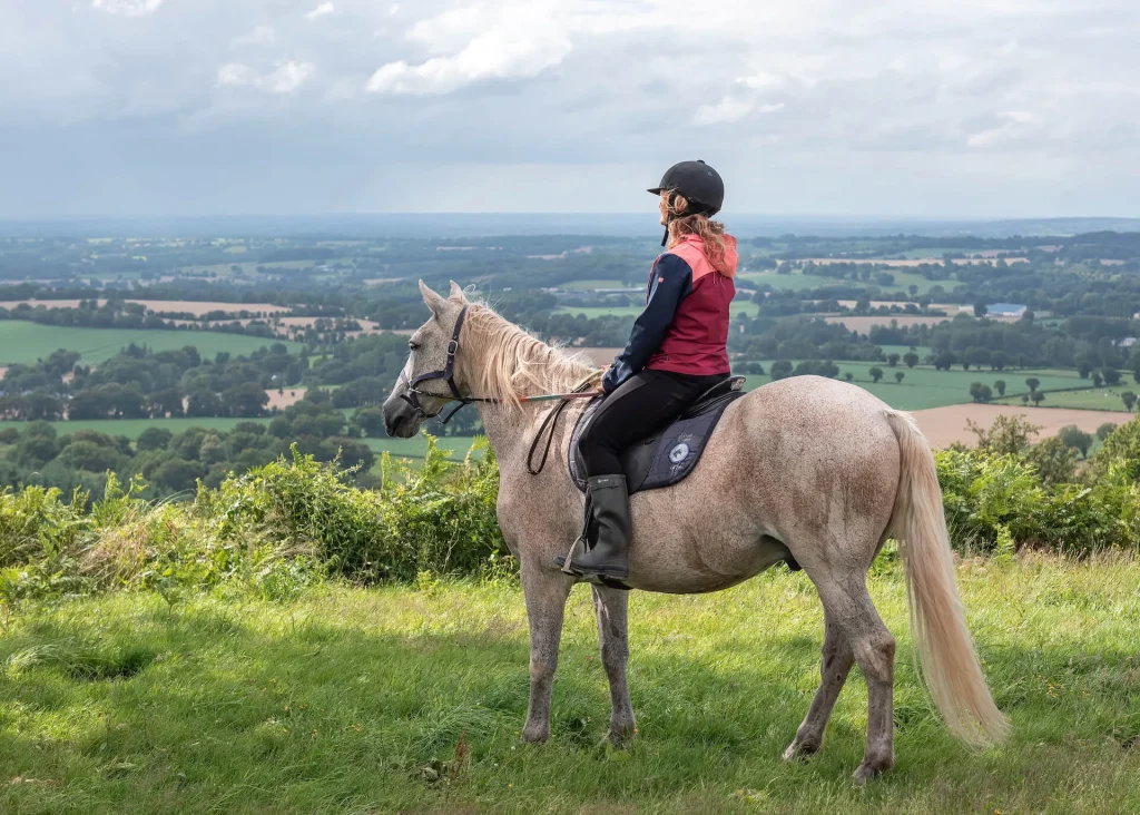 Balade à cheval dans les Coëvrons, vue depuis la colline du Montaigu à Hambers en Mayenne.