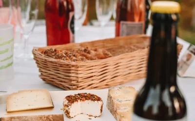 Apéro dans les Coëvrons en Mayenne avec des produits locaux - Bierres et fromages sur une nappe blanche au sommet de la colline du Montaigu à Hambes