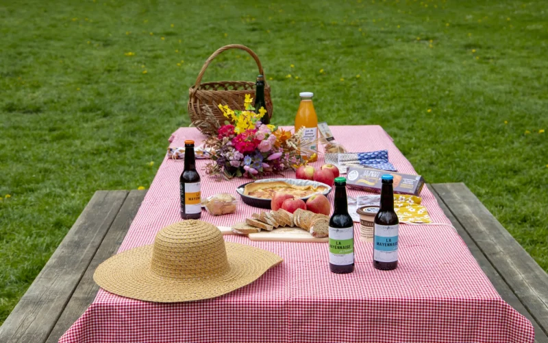 Table de pique-nique à la campagne en Mayenne